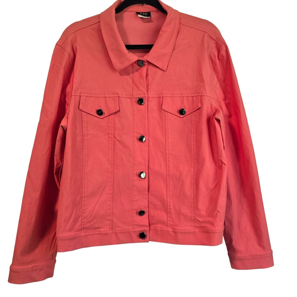 24kโ Trends Women Plus 22W Coral Pink Rayon Blend Stretch Trucker Jacket 540003